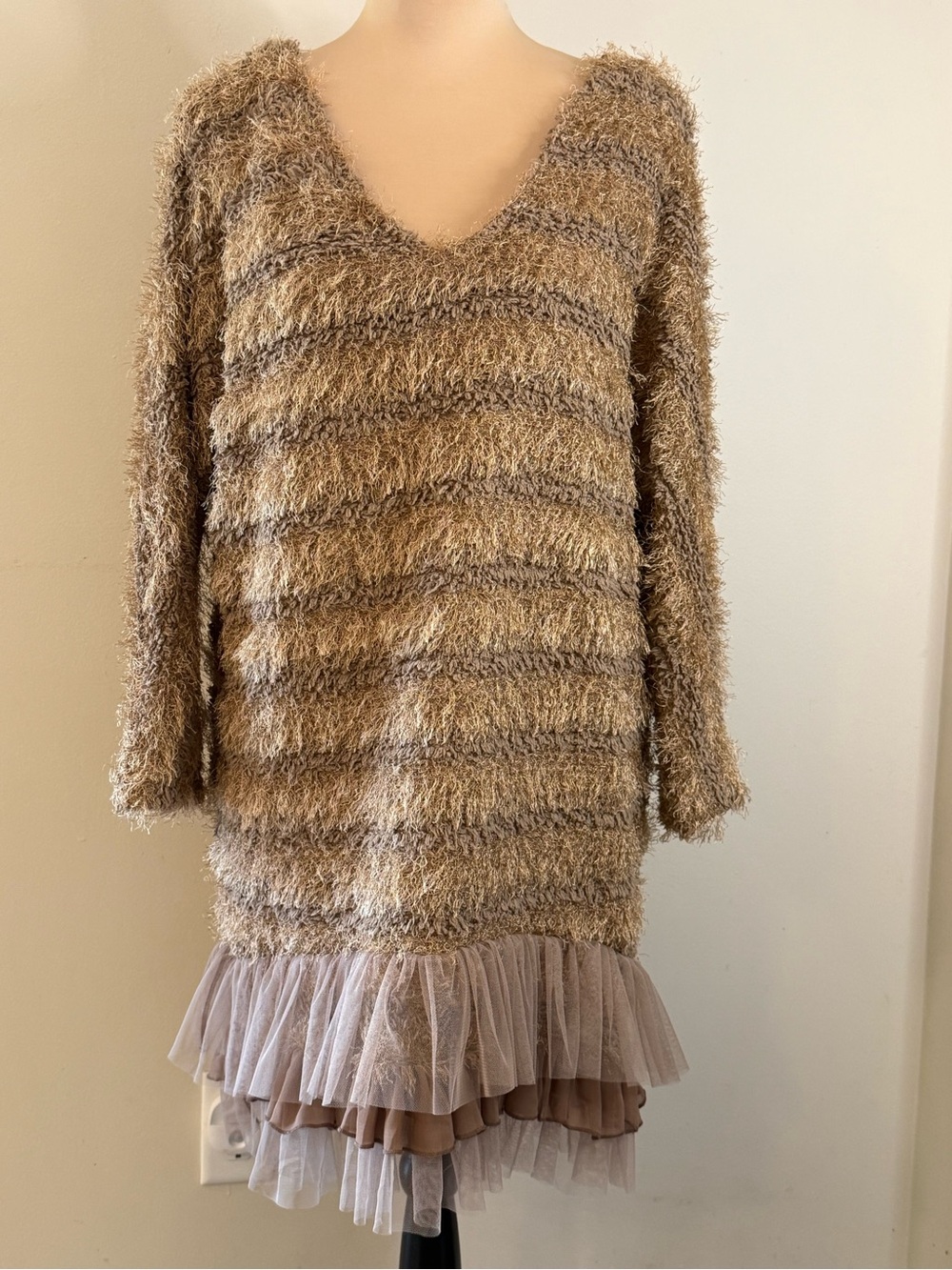 A’Reve wearable art brown fringe & mesh ruffled lace midi dress SZ M